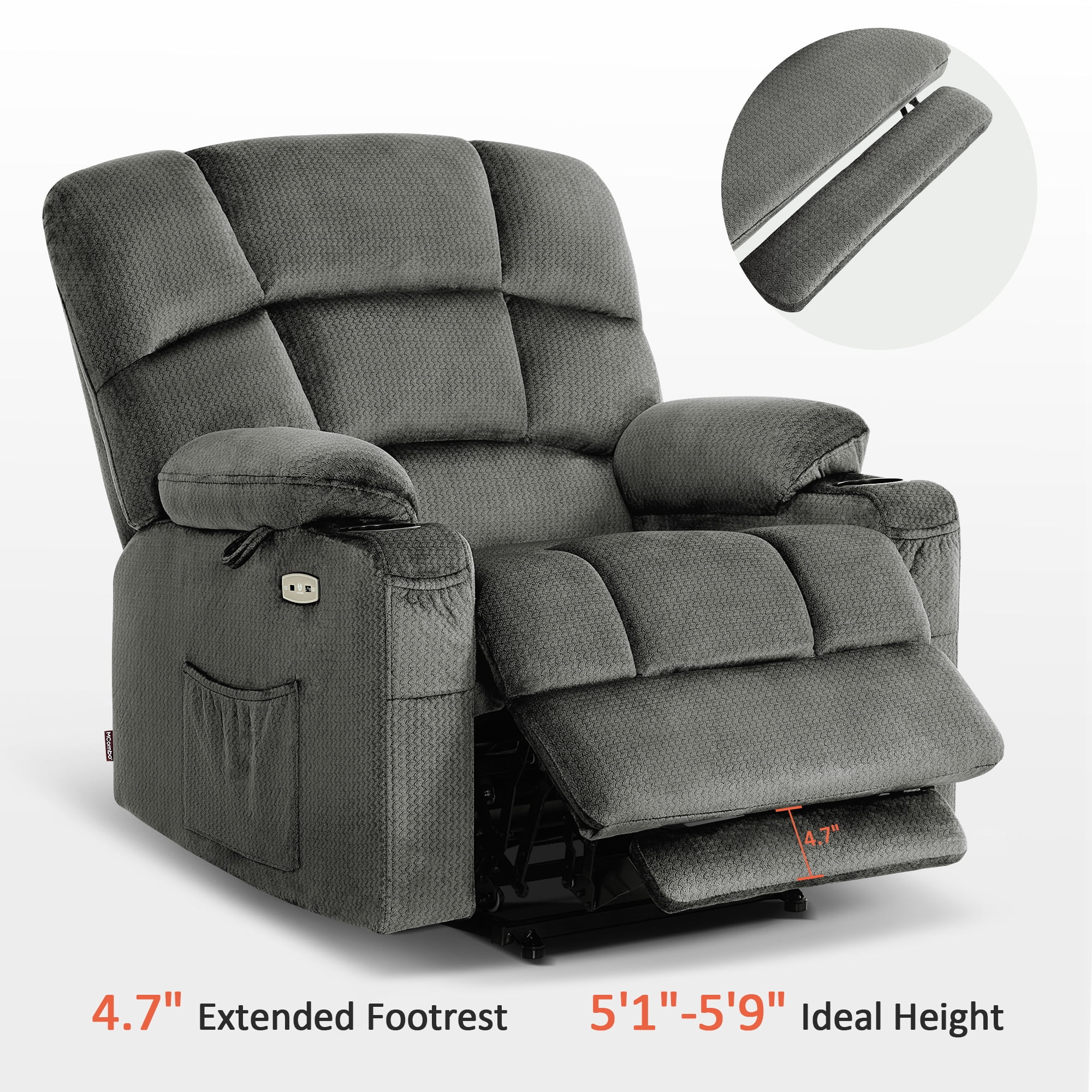 MCombo Oversized Lay Flat Power Lift Recliner with 27.2'' Wide Seat for Bariatric Elderly, Infinite Position, Fabric(Medium-Wide, Grey)