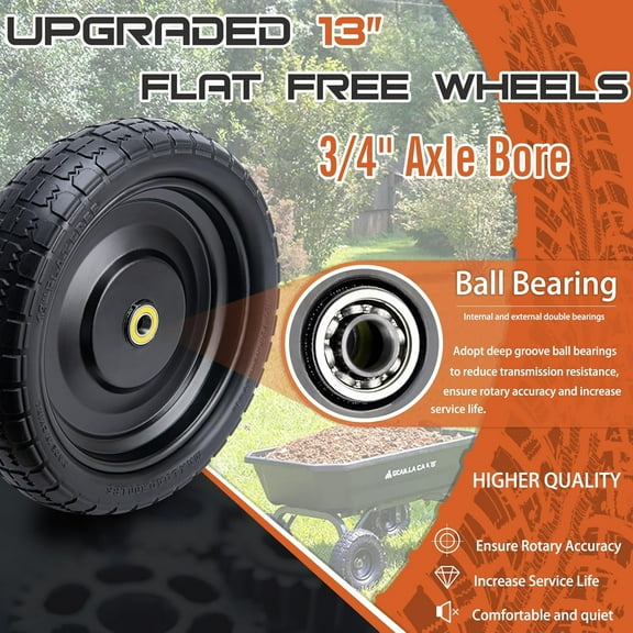 13" Flat Free Wheels for Garden Carts, 4.00-6 Tire Replacement with 3/4" Bearings -  & Long-Lasting
