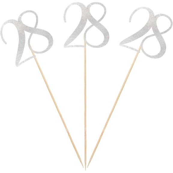 Silver Glitter 28th Birthday Centerpiece Sticks, 12-Pack Number 28 Table Topper Anniversary Party Decorations