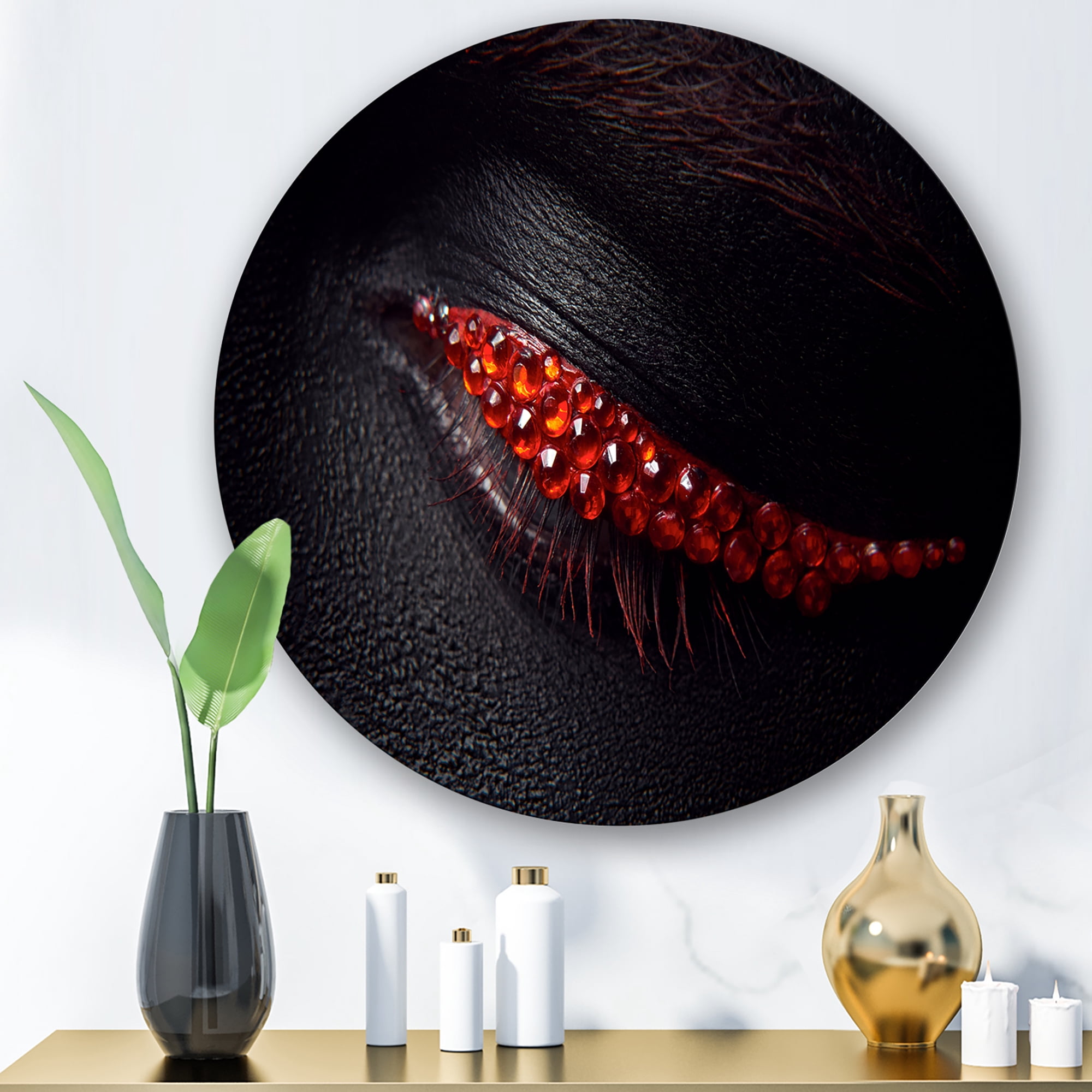 Designart 'Beautiful Black Skin Female Eye With Red Diamonds' Modern Circle Metal Wall Art 11x11 - Disc of 11