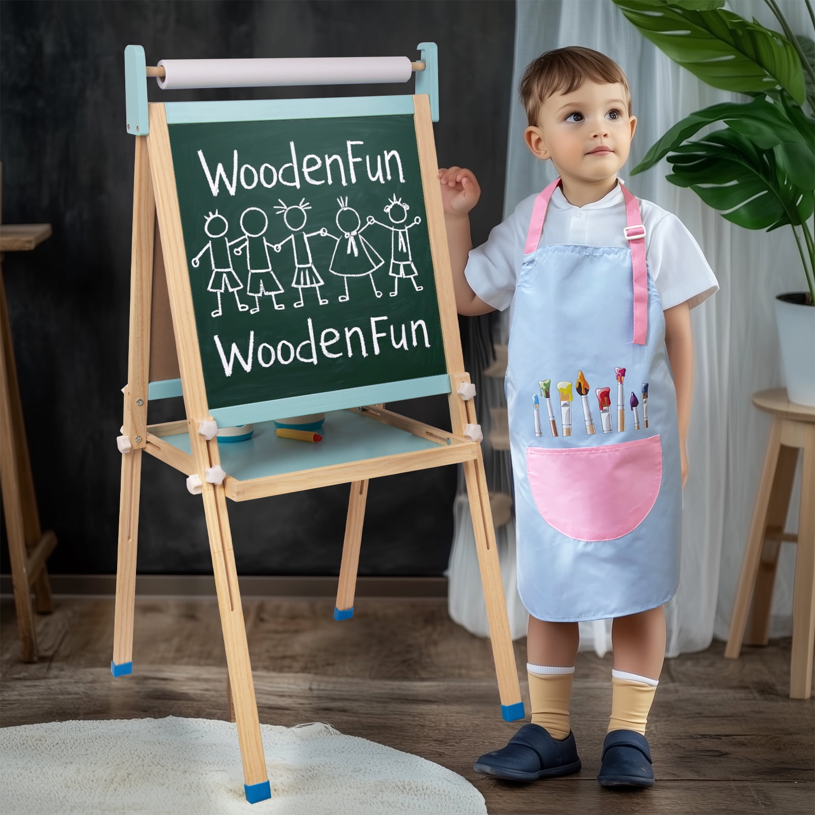 Kids Wooden Easel with Paper Roll, Adjustable Magnetic Double Sided Drawing Board Whiteboard & Chalkboard Dry Easel Board, Children Art Easel for 3-12 Years Kids Boys Girls Painting Drawing