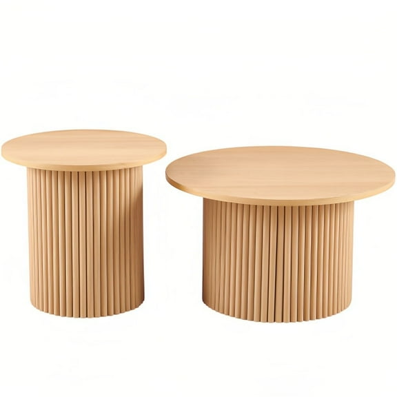 Kevinplus Set of 2 Round Coffee Tables, MDF Table-top with Metal Base, Sofa Side Table for Living Room, Reception Room, Oak