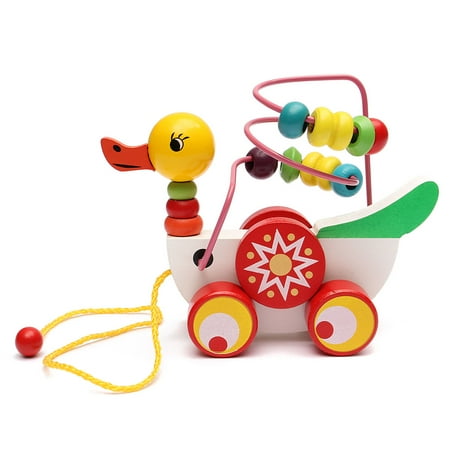 Rubber Duck Game - Cartoon Kids Children Wooden Duck Trailer Around Beads Educational Game Toys