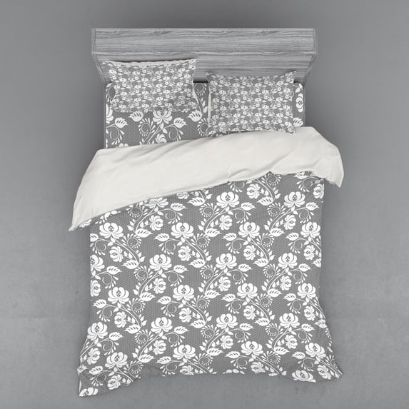 Ambesonne Floral Bedding Set 4 Pcs, Leaves Swirls and Dots, Queen, Grey White