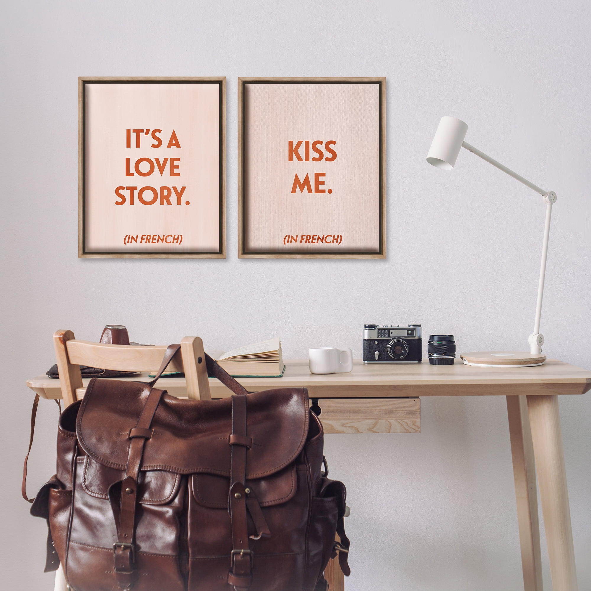 Stupell Industries Modern Love Story Kiss Text & Numbers Painting Brown Floater Framed Canvas Art Print Wall Art, 17 x 21, Set of 2