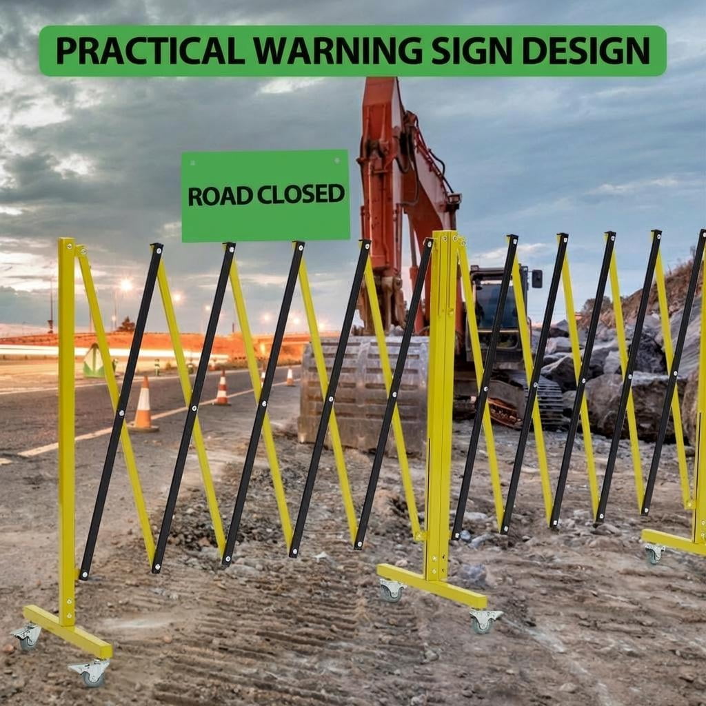 Expandable Metal Safety Barricade Gate – 20 FT, Portable Retractable with Wheels, Yellow & Black for Construction, Parking, Crowd Control