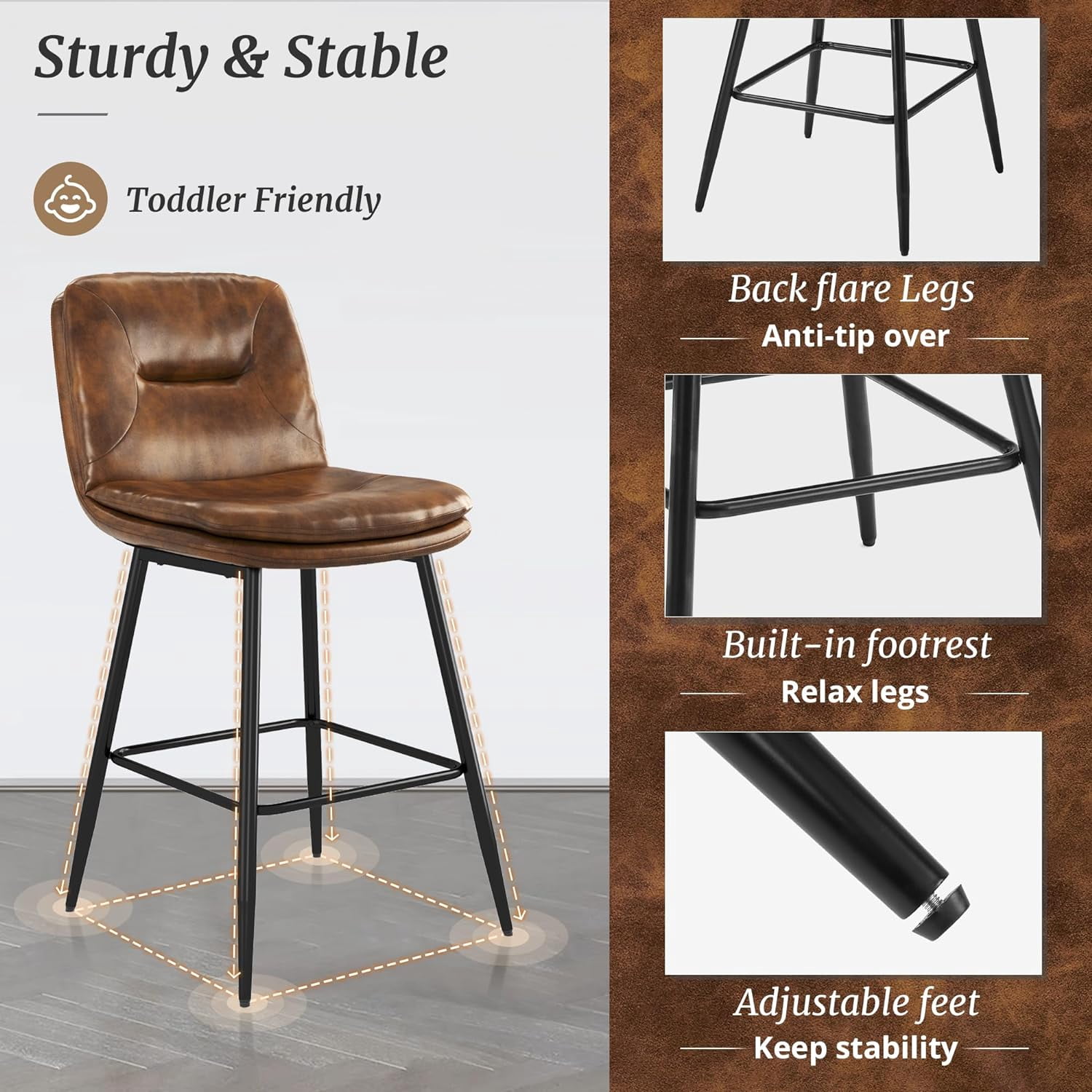 Dycanpo 24”H Bar Stools Set of 6, Double-Layer Upholstered, for Home Kitchen, Yellowish Brown