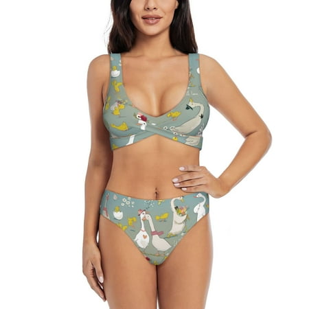 Zeuib Cute Farm Birds High Waisted Tummy Control Bikini Set - Knot Front Push Up Top & Cheeky Thong Bottom  Two-Piece Swimsuit for Women-Medium