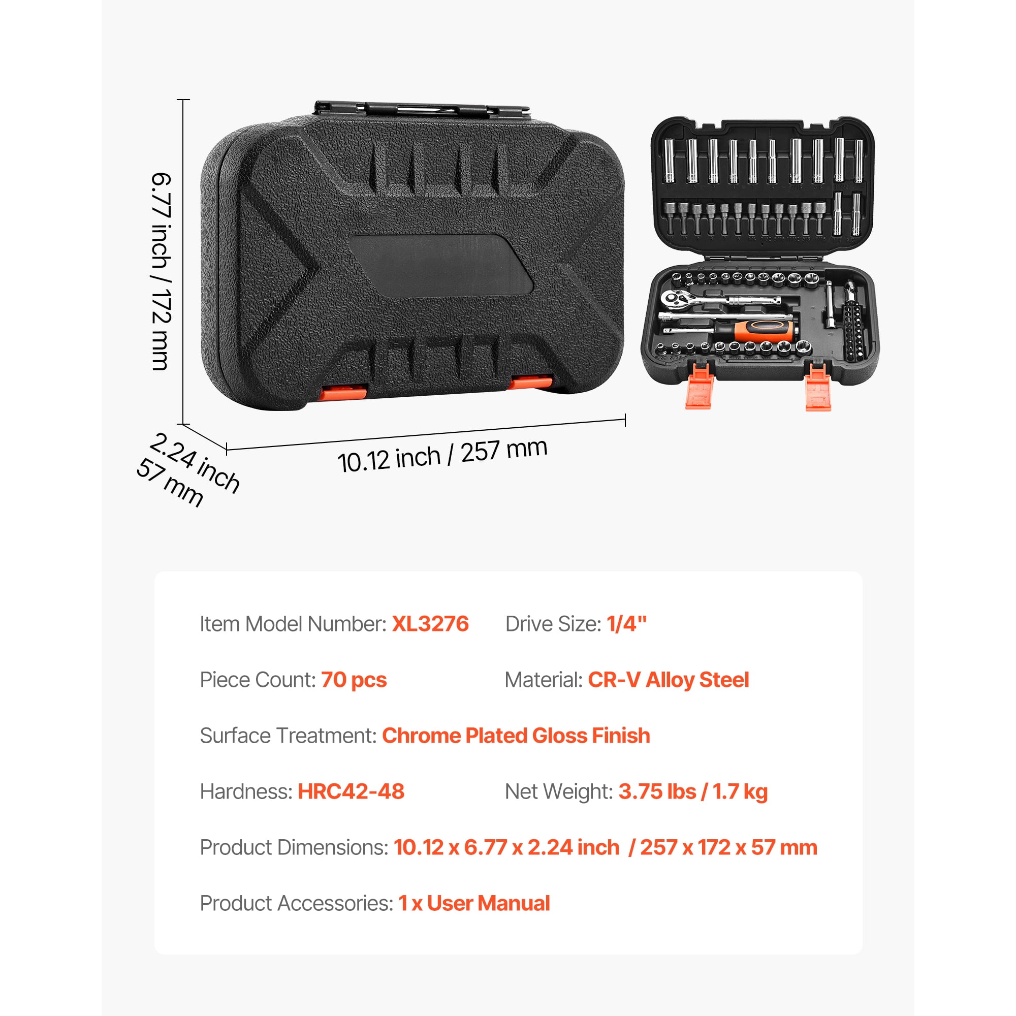 KFFKFF 70-Piece Socket Set, 1/4 Inch Drive Ratchet and Socket Kit, SAE and Metric Sizes, Includes Deep and Shallow Sockets, Bits, Accessories, and Storage Case, Made of CR-V Alloy Steel