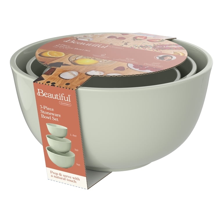 Beautiful 3-Piece Stoneware Nesting Mixing Bowl Set,Sage Green by