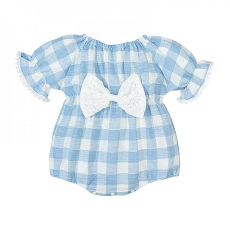 

Big Clearance! Cozy Summer Newborn Kids Cute Short-sleeved Romper Bowknot Lattice Cotton One-piece Romper Blue