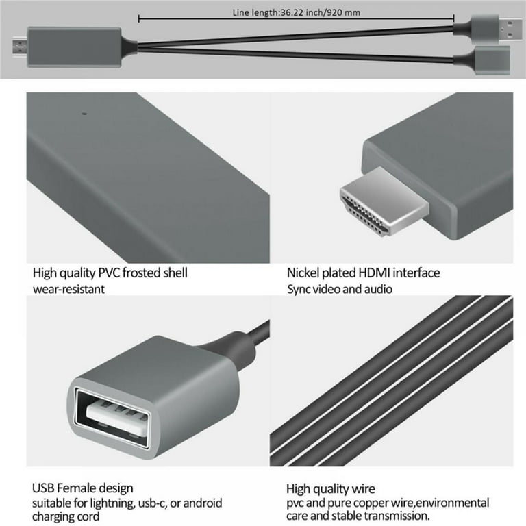 Cables HDMI adaptador USB a HDTV, cable USB macho + USB hembra a HDMI macho  1080P HDTV Mirroring Cable compatible con iPhone/iPad/S9/S8/Note 8 y más