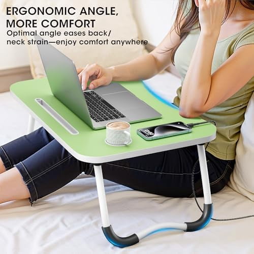 Folding Lap Desk, 23.6 Inch Wood Laptop Bed Desk with Cup Holder, Portable Bed Table for Working Writing Reading & Eating for Bed, Sofa, Couch, Floor - Green