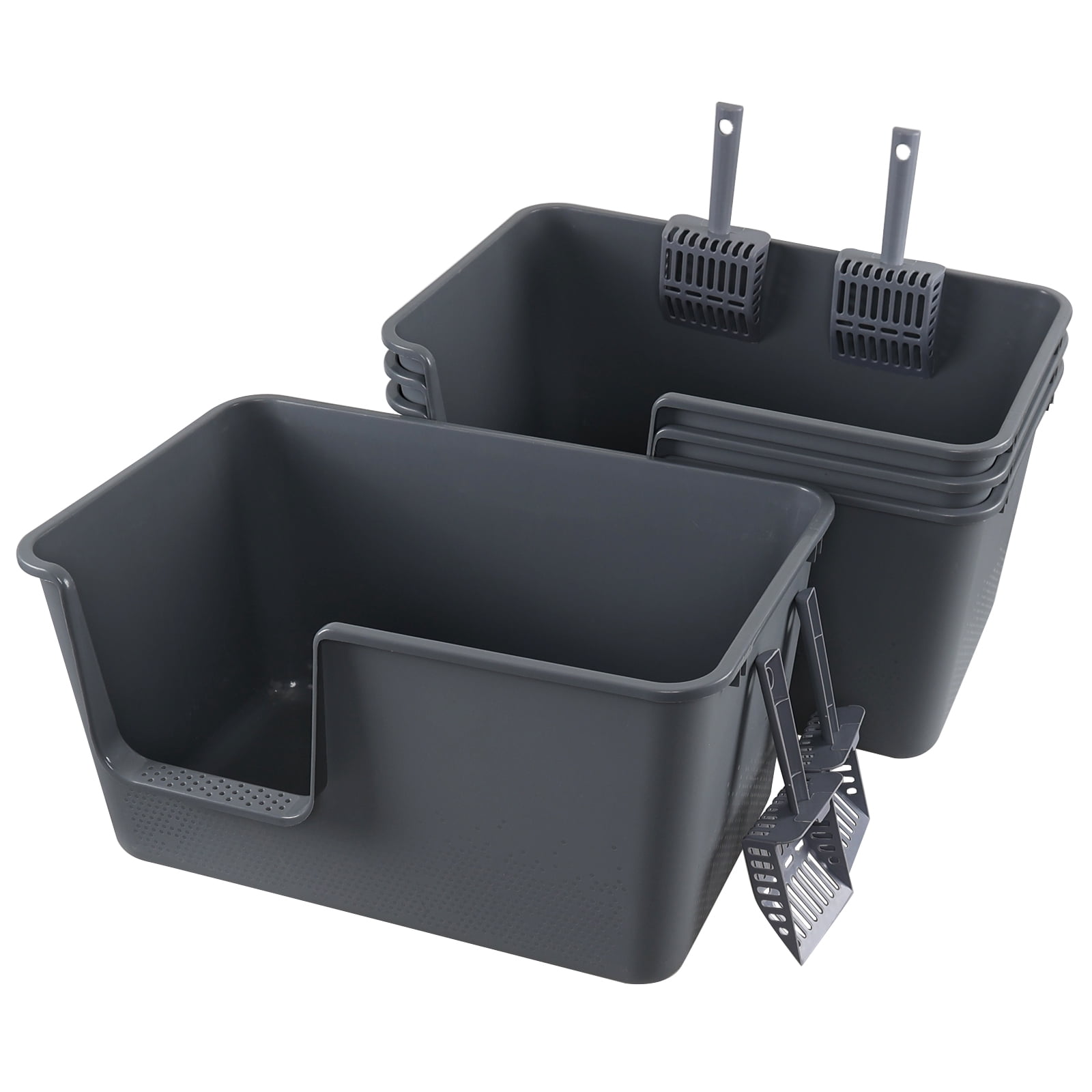 Minekkyes Plastic Open Cat Litter Box with Litter Scoop, Anti-Splashing Kitty Litter Box, Kitty Litter Pan with High Sided Walls, 4 Packs, Grey