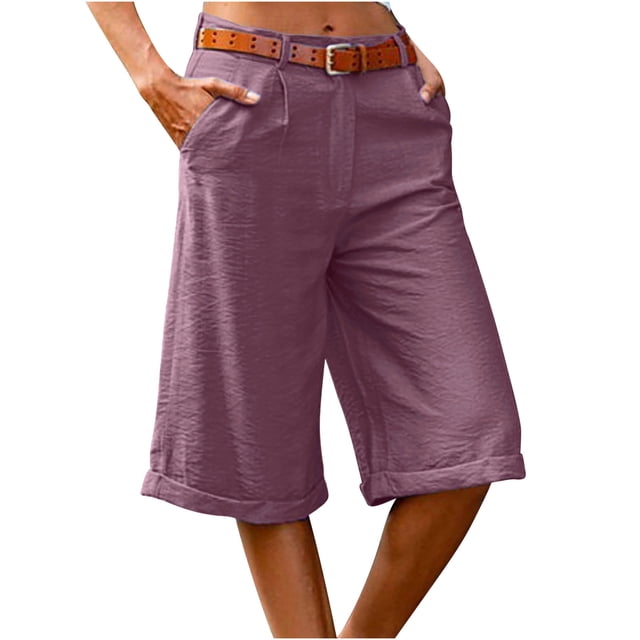 PEZHADA Elastic Waist Pants For Women Womens Summer Solid Color Zipper Button Pockets Solid Color Elastic Waist Half Shorts Pants Womens Pants Elastic Waist
