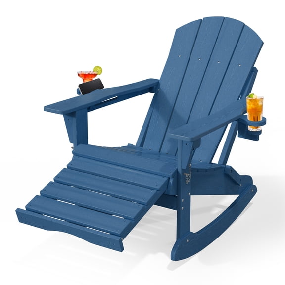 Easthome 4-in-1 Folding Adirondack Rocking Chair with Ottoman & Dual Cup Holders, Wood Texture HDPE All-Weather Outdoor Lounge Chair for Patio, Backyard, Pool - Navy