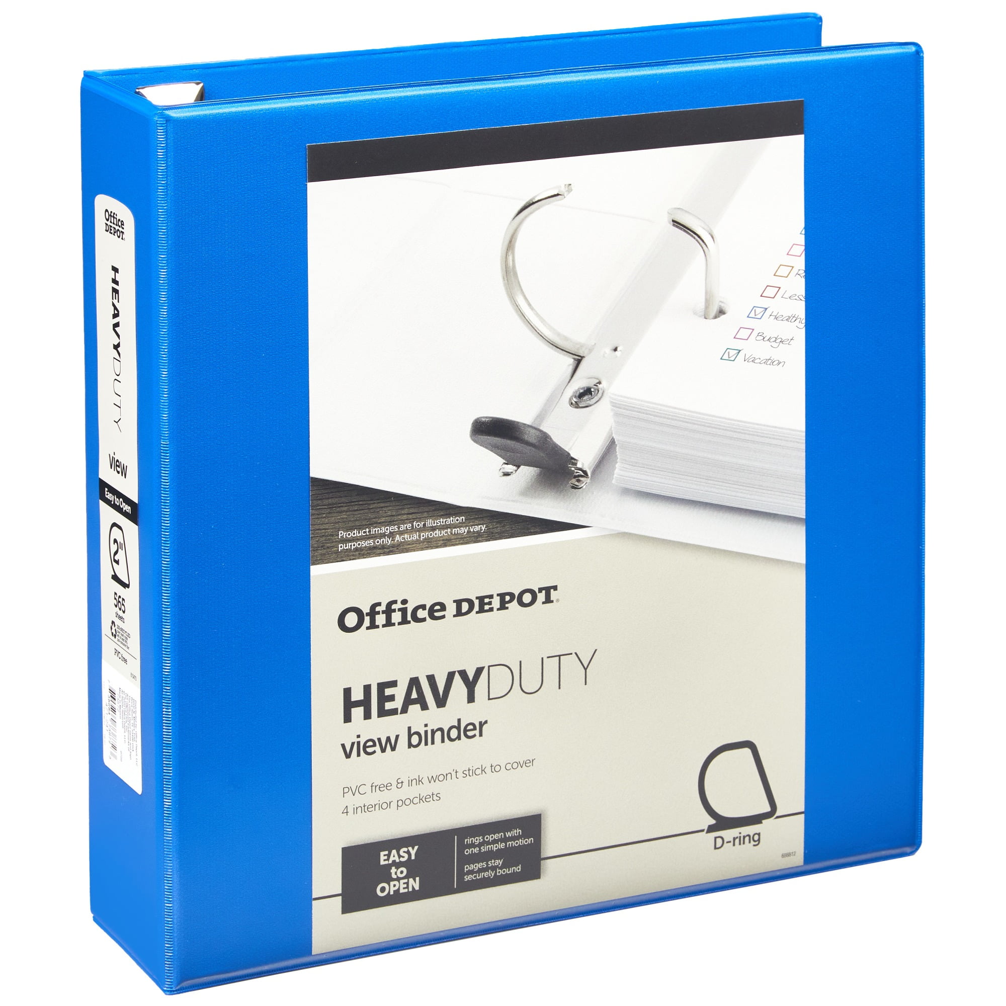 Office Depot® Brand Heavy-Duty Easy Open® D-Ring View Binder, 2' Rings, 54% Recycled, Blue