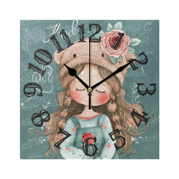Girl Roses Or Flowers Wall Clock Square Silent Non Ticking Battery Operated Clock for Home Bathroom Kitchen Bedroom Living Room
