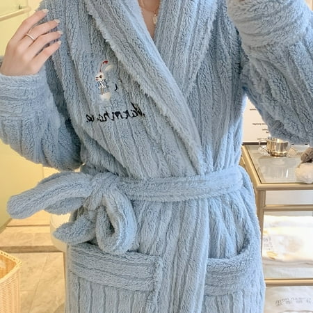 

Bunny Embroidery Plush Bathrobe Warm & Fuzzy Lapel Lounge Robe With Pockets & Belt Women‘s Sleepwear