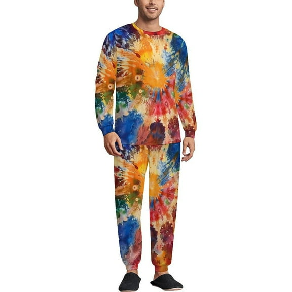 Tie-Dye Men's Pajama Set Sleepwear Pjs Lightweight Long Sleeve Crewneck Shirts and Bottoms Soft Comfy Sleep Sets XS