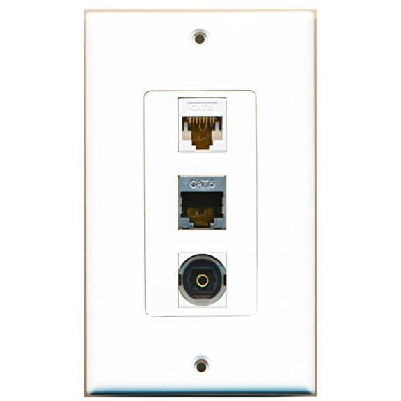 RiteAV - 1 Port Shielded Cat6 Ethernet and 1 Port Toslink and 1 Port Cat6 Ethernet White Decorative Wall Plate Decorative