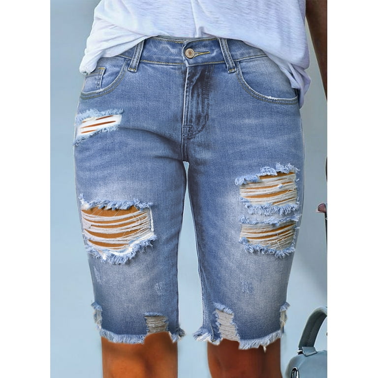 Blibea Plus Size Jean Bermuda Shorts for Women Distressed Mid Rise Bermuda Denim Shorts Size 10 Walmart