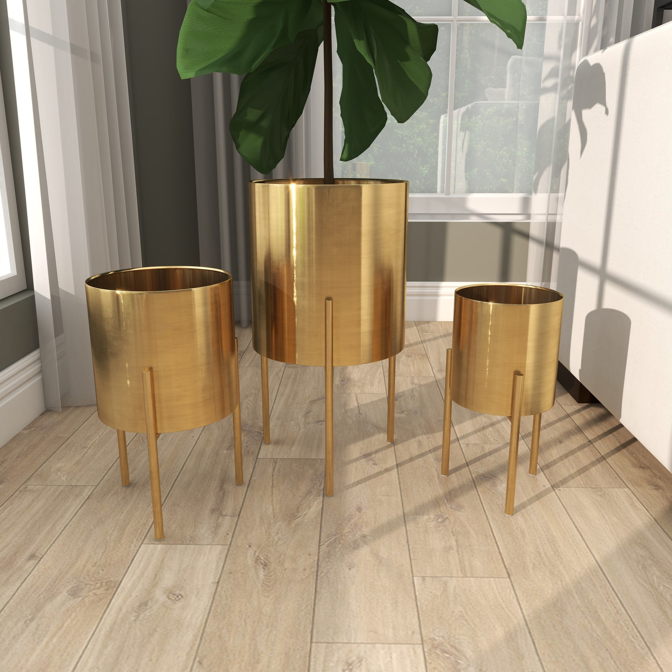 DecMode 18", 14", 12"H Gold Metal Planter with Removable Stand (3 Count)