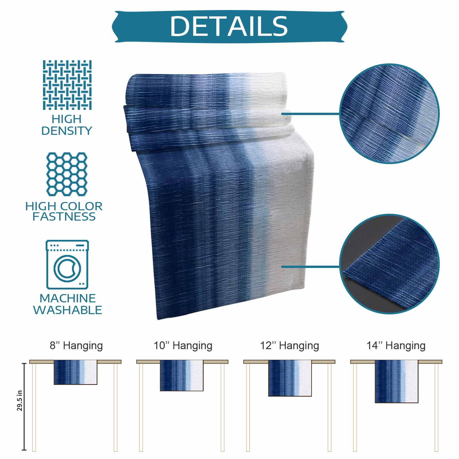 Navy Blue Ombre Table Runner, Farmhouse Modern Gradient Washable Cotton Linen Table Runners 90 Inches Long, Dresser Scarf Runner for Dining/Coffee/Kitchen/Hallway Tables 13''x90''