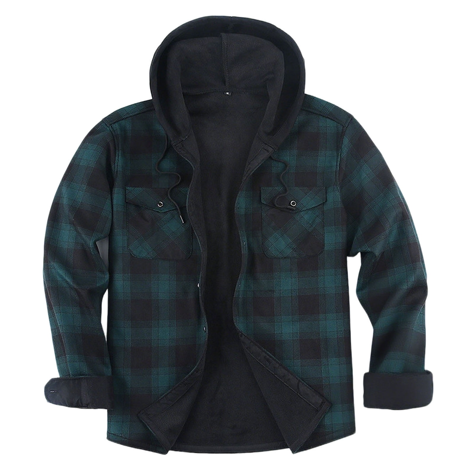 Donemore Men's Heavyweight Fleece-Lined Hooded Jacket Checkered Button-Up Design Long Sleeve Thermal Insulated Coat for Winter Sporty Casual Outerwear