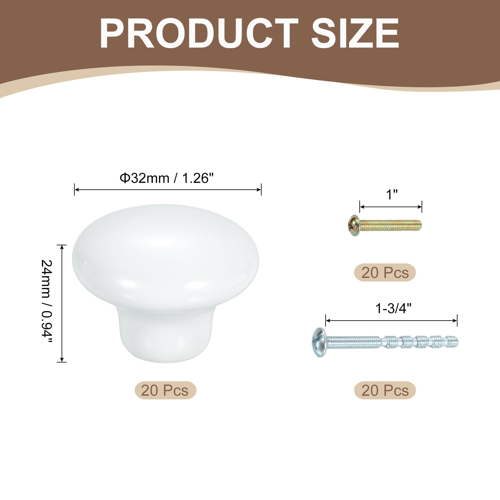 Uxcell 20 Pack Ceramic Cabinet Knobs, 32mm/1.26" Mushroom Round Shaped Drawer Knobs Dresser Knob Pulls Handle with Screws for Wardrobes Bedroom Furniture Closet Cupboard, White