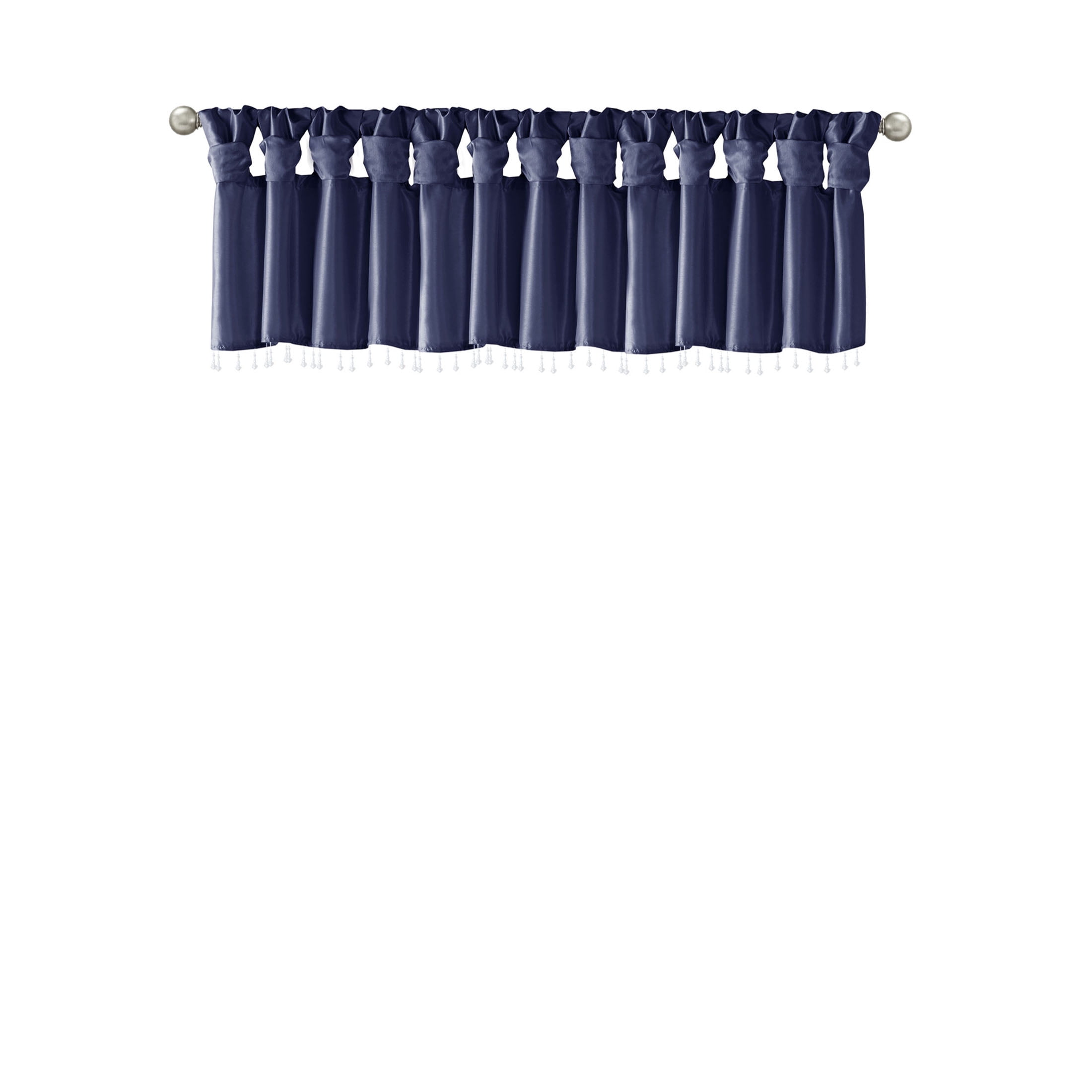 JERFIT Navy Blue Faux Silk Window Valance with Beaded Trim, 50x26 Inch DIY Twist Tab Top Curtain for Elegant Home Decor