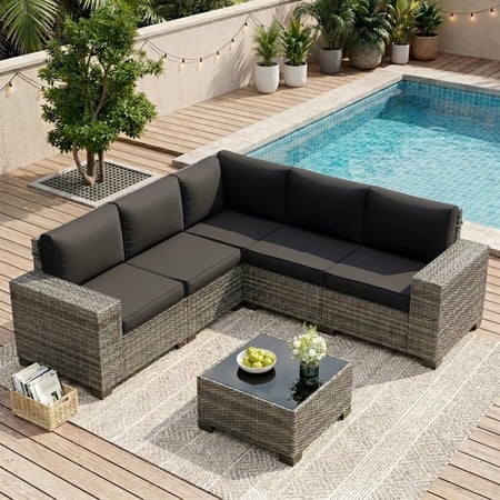 UDPATIO 6-Piece Patio Furniture Set Outdoor Patio Sofa Set With Wide Armrest All-Weather Wicker Rattan Guest Set With Cushion And Glass Table And Waterproof Cover Grey & Black