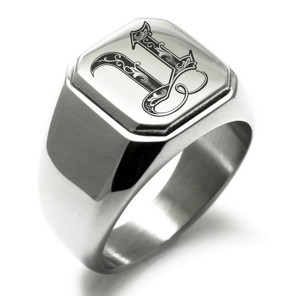 Stainless Steel Letter U Initial Royal Monogram Engraved Engraved Square Flat Top Biker Style Polished Signet Ring
