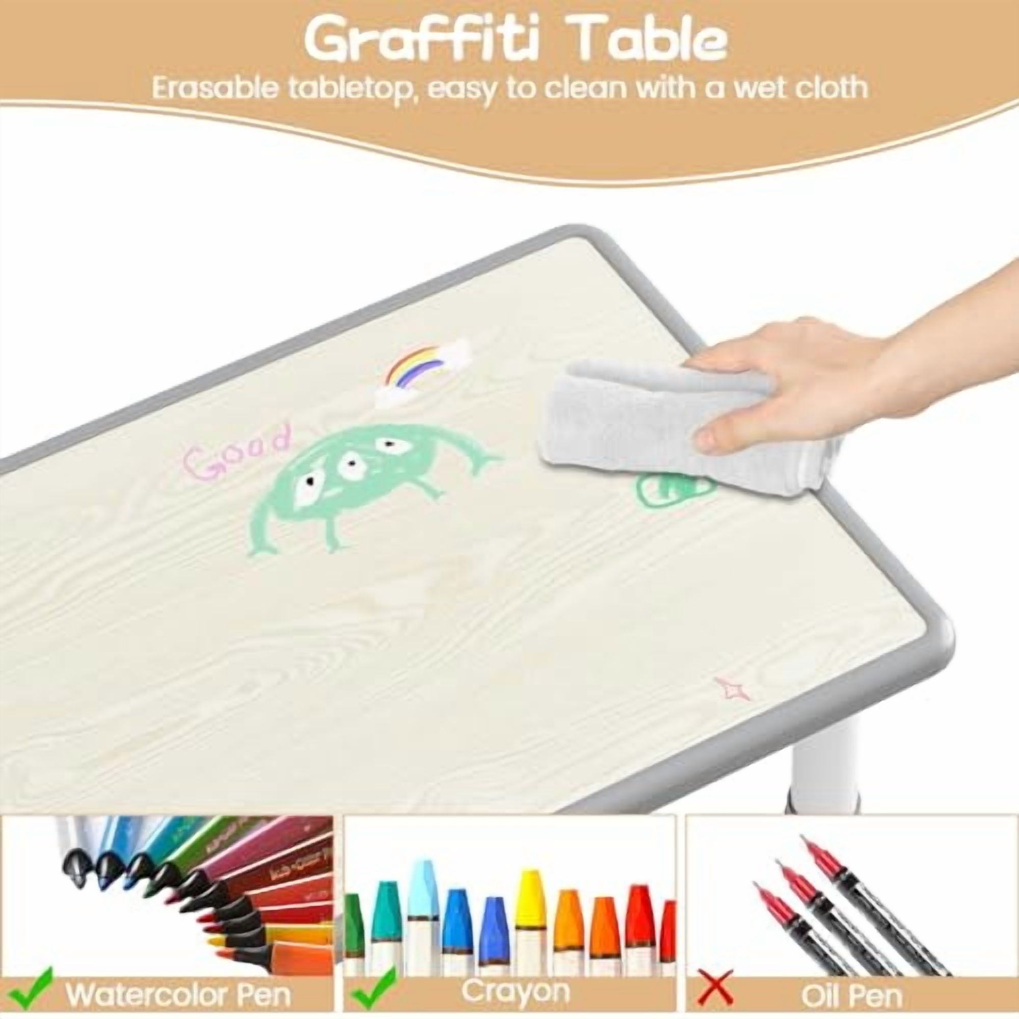 Kids Table and 6 Chairs Set with Storage Box, Height Adjustable Toddler Table and Chair Set for Ages 2-10, Graffiti Desktop, Non-Slip Legs, Children Activity Table for Daycare Classroom Home