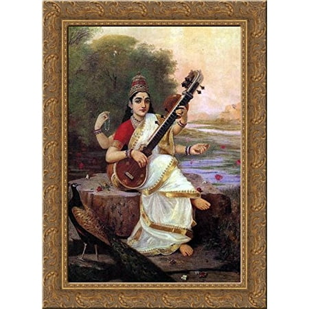 Wood Painting Painting of the Goddess Saraswati 20x24 Gold Ornate Wood Framed Canvas Art by Ravi Varma, Raja ()