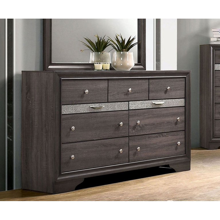 black and silver dresser and nightstand Gray Classic King Size Bed Panel HB Dresser Nightstand w Jewelry Tray Mirror 4pc Set Solid Wood Bedroom Furniture, Size: Eastern King Size