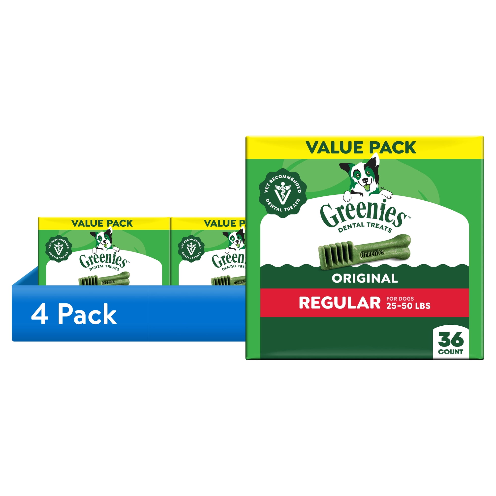 (4 pack) Greenies Original Flavor Natural Dental Dog Treats, Regular Size, 36 oz Pack, 36 Count