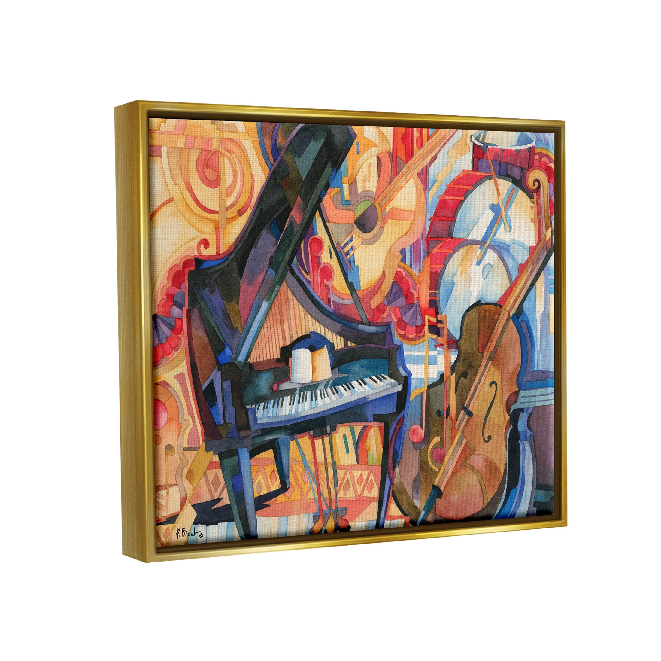 Stupell Industries Big City Music Piano Cubism Painting Metallic Gold Floating Framed Canvas Print Wall Art, Design by Paul Brent