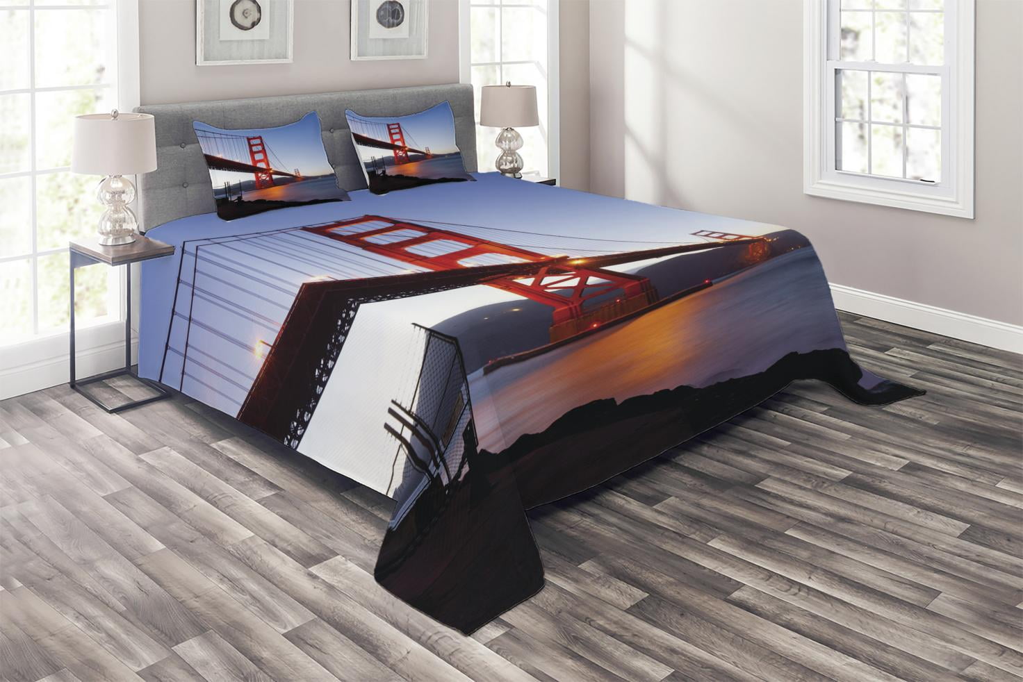 Cityscape Coverlet Set King Size, San Francisco Bridge USA City View Golden Gate Traveling