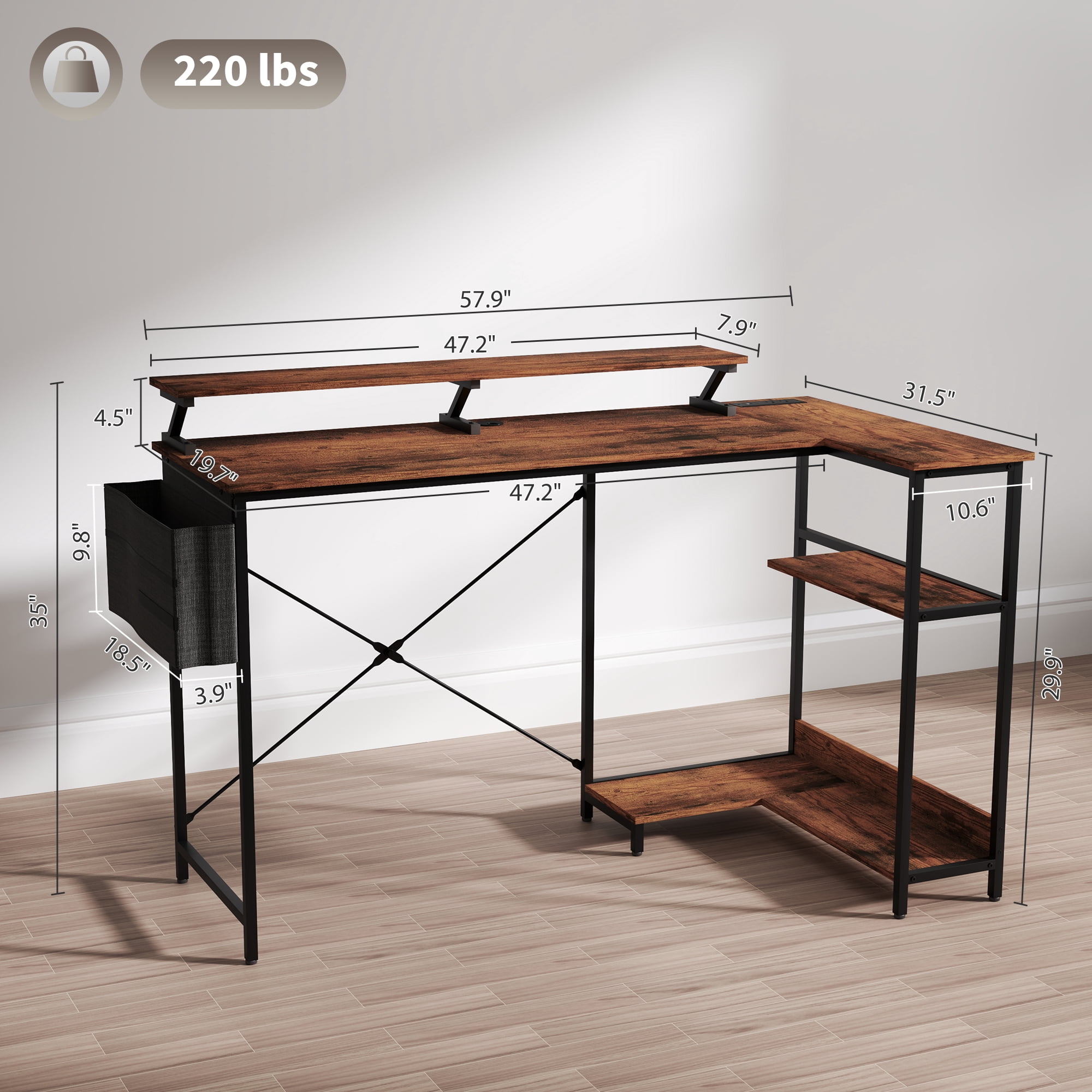 HOMCOM 58" Reversible L Shaped Desk, Corner Computer Desk, Rustic Brown