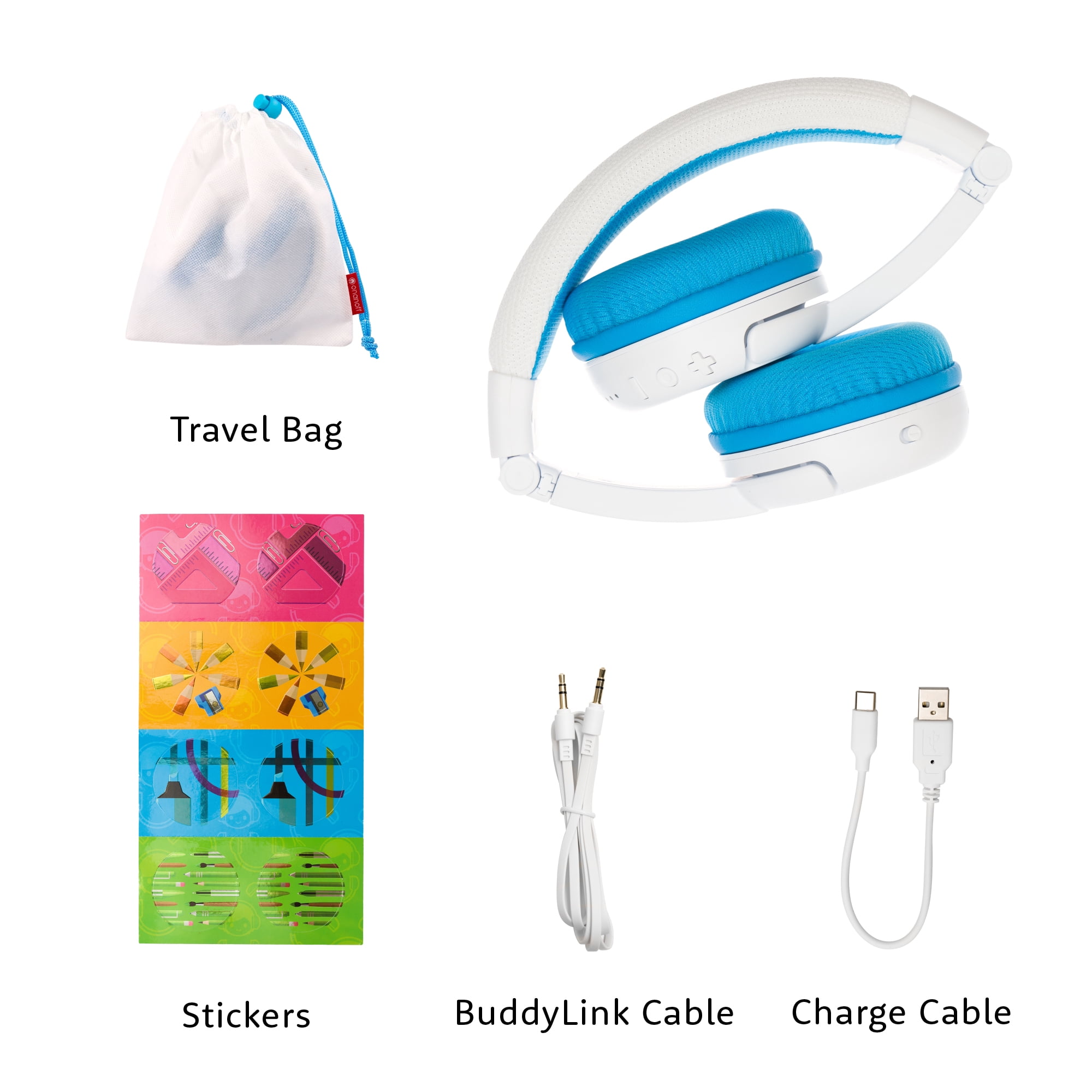 BuddyPhones School+ Wireless, On-Ear Bluetooth Foldable Kids Headphones with Detachable Boom Mic, 3 Volume Limiting Settings, Voice Enhance StudyMode, 20-Hrs Battery, Customizable Stickers, Blue