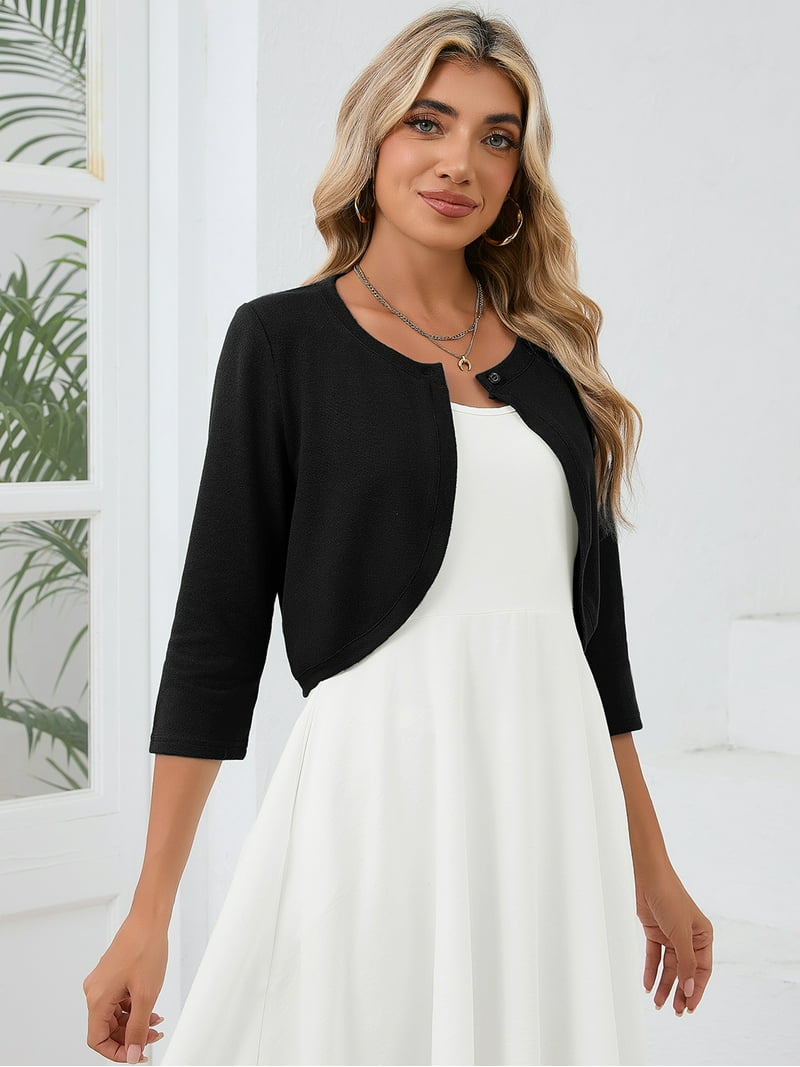 DEMOTIME Women's Cardigan 3/4 Sleeve Cropped Open Front Bolero Shrug for Dresses  Black M - Walmart.com