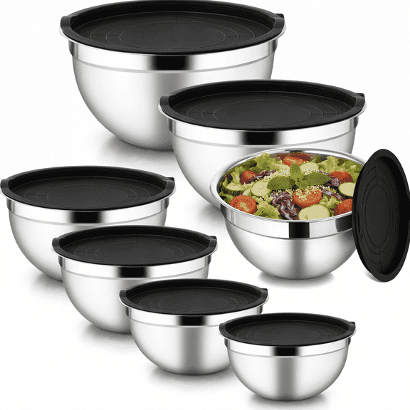 7-Piece Stainless Steel Mixing Bowl Set with Lids — Nesting Sizes (0.7QT to 5QT) for Food Prep, Baking & Serving