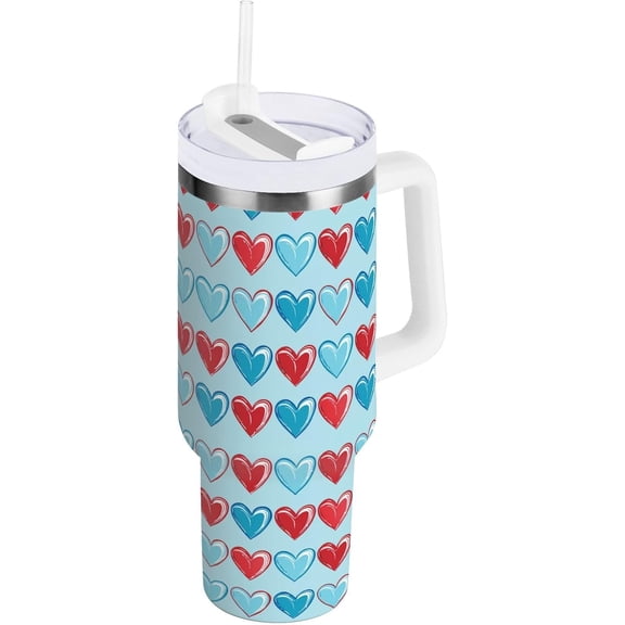Light Blue Red Shining Hearts 40 oz Tumbler with Handle Straw Lid | Insulated Cup Reusable Stainless Steel Water Bottle Travel Mug Cupholder Friendly | Gifts for Women Men Him Her | Trek Co