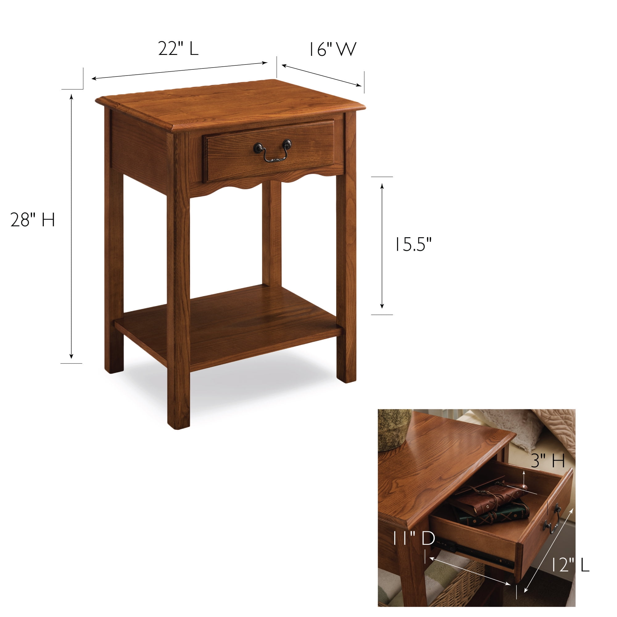 Leick Home Salem Solid Wood Nightstand with Drawer and Shelf, Medium Oak