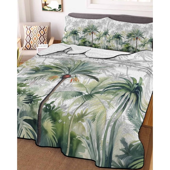 Summer Tropical Leaves Full Size Down Alternative Comforter, Lightweight Comforter Quilt Bedding Set with Pillow Shams Green Botanical Palm Trees All Seasons Bed Comforter Duvet Insert 78"x90"