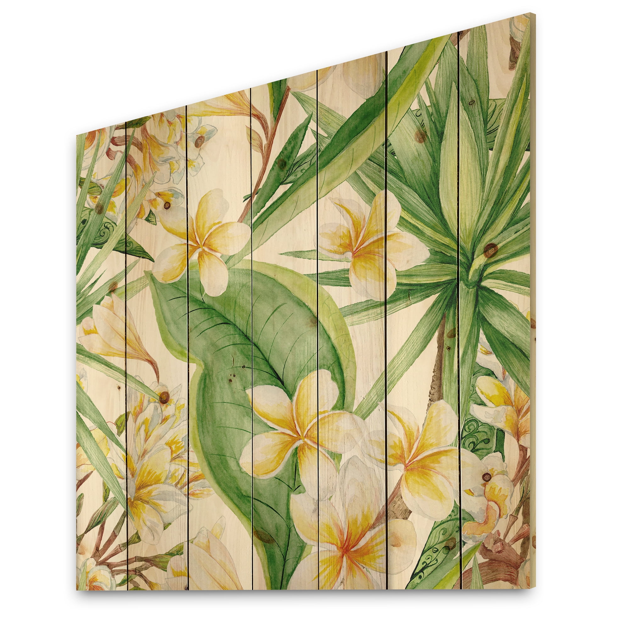 Designart 'Yellow Flowers and Tropical Foliage VII' Modern Print on Natural Pine Wood