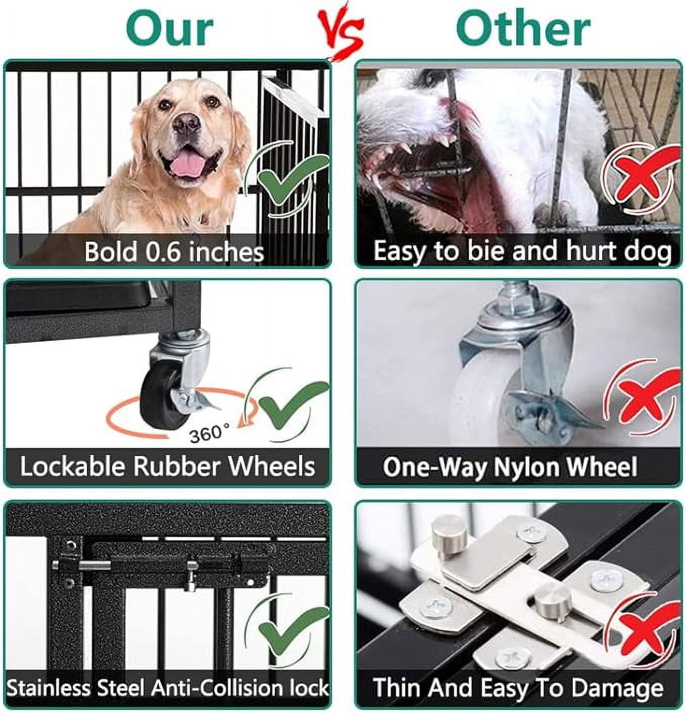 WOKEEN 38 Inch Heavy Duty Dog Crate Cage Kennel with Wheels, High Anxiety Indestructible, Sturdy Locks Design, Double Door and Removable Tray, Extra Large XL XXL