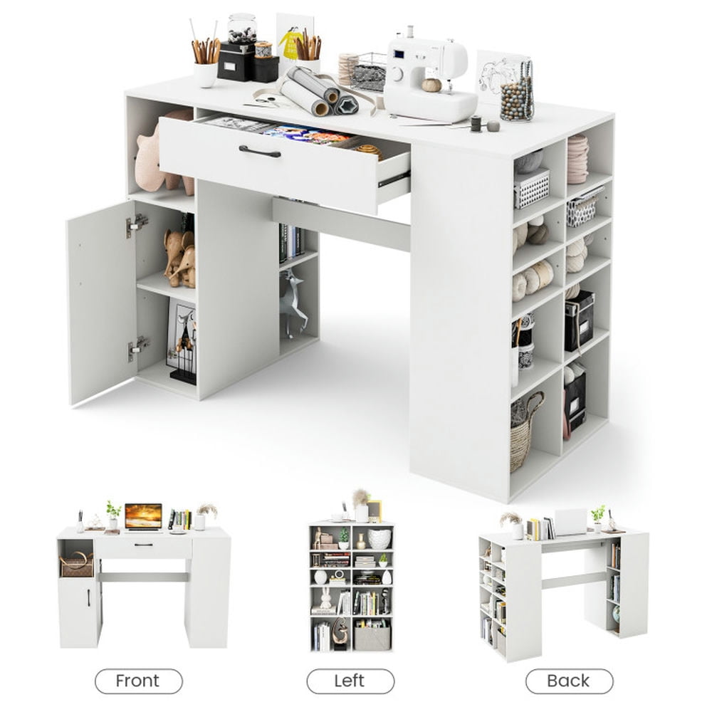 Kadyn Crafts Table,Sew Sewing Table,Sewing Machine Table,Counter Height Sewing Craft Table Computer Desk with Adjustable Shelves and Drawer-White