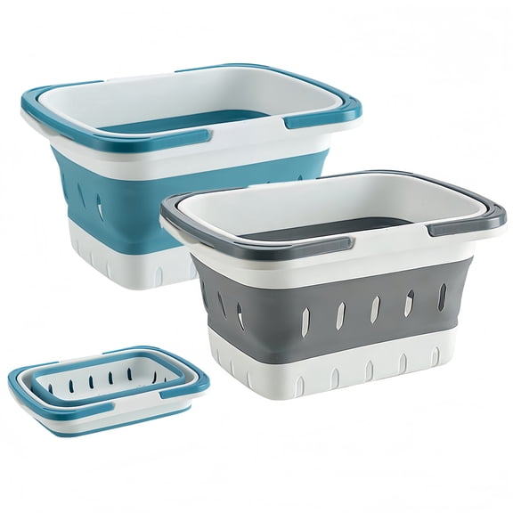 2 Pack Collapsible Shower Caddy, Portable Folding Plastic Bath Organizer Tote with Handle, Perforated Storage Basket for Bathroom, Dorm, Gym, Camping & RV, Grey & Blue